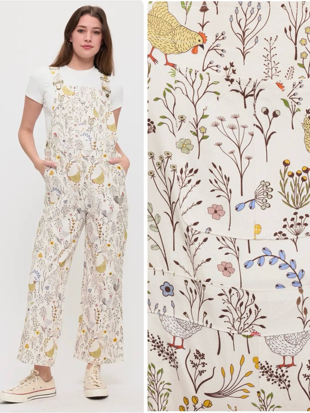 Rooster Floral Print Overalls